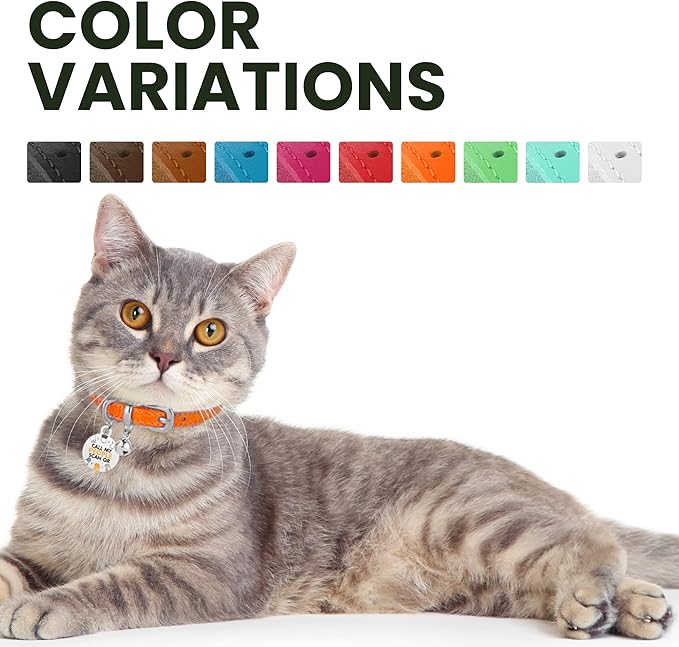 BRONZEDOG Leather Cat Collar with Removable Bells Non Breakaway Kitten QR Tag for Girl Boy (7" - 9" for Cats, Orange & Silver)