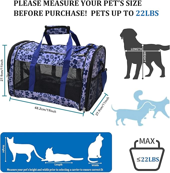 Soft-Sided Kennel Pet Carrier for Small Dogs, Cats, Puppy, Airline Approved Cat Carriers Dog Carrier Collapsible, Travel Handbag & Car Seat (Large: 19" x 11" x 11", Floral Print Blue)