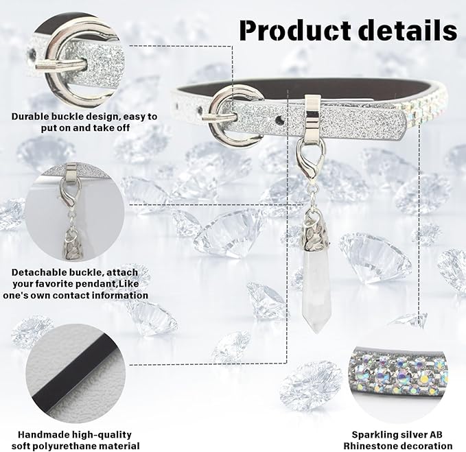 PEARLY JUN Rhinestone Dog Collars for Small Dogs Cat, XS Silver AB Bling Diamond Cat Collar Cute Luxury Crystal Pet Puppy
