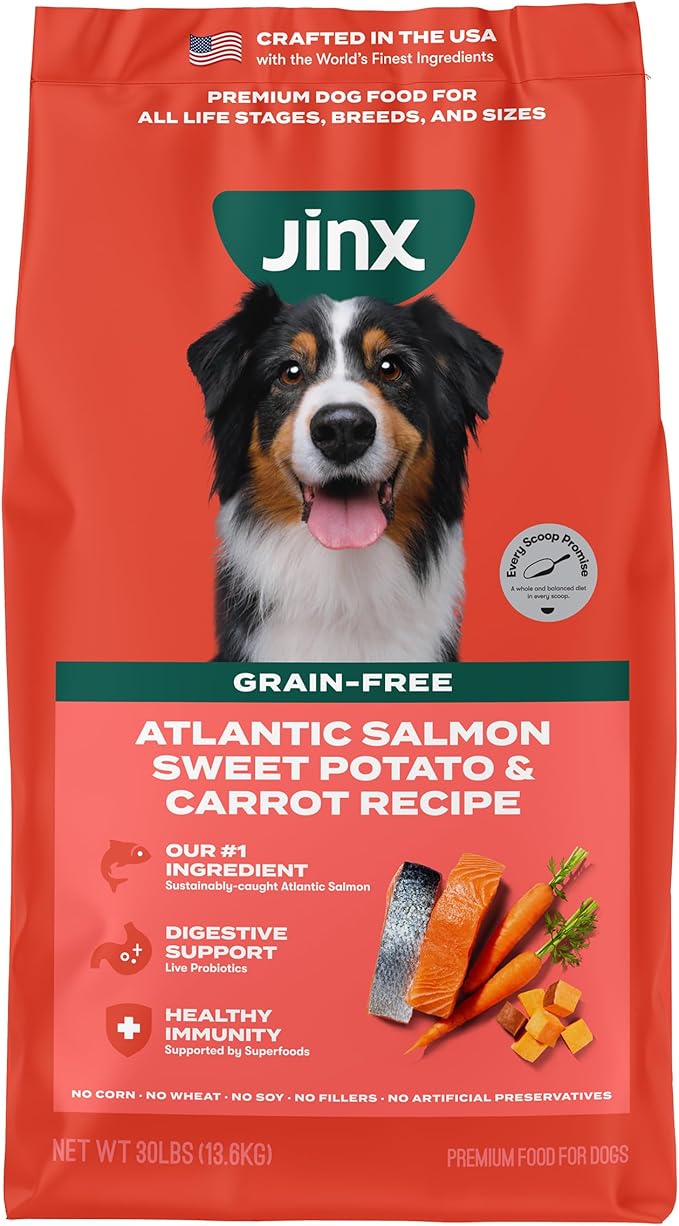 Jinx Premium Grain-Free Dry Dog Food, for All Lifestages - Real Salmon, Sweet Potato & Carrot Kibble with Superfoods for Immune Support & Probiotics for Digestive Support - No Fillers - 30lb