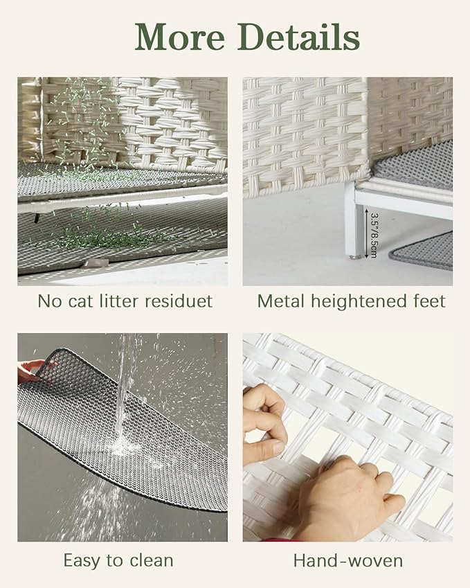 Cat Litter Box Enclosure Hidden Litter Box Furniture with Metal Heightened Feet, Rattan Handwoven Cat House with Litter Mat, Hidden Litter Box Furniture for Bedroom Living Room White