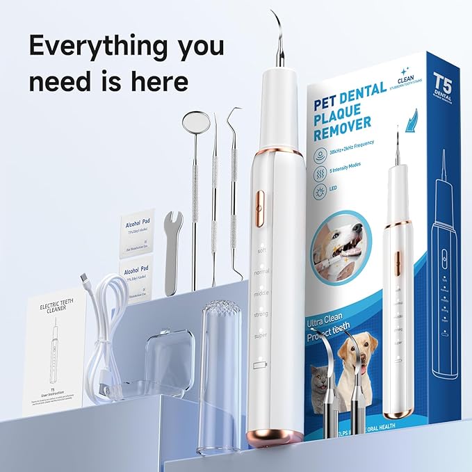 Electric Dog Plaque & Tartar Remover - Pet Teeth Cleaning Kit with 5 Adjustable Modes, LED Light, Safe and Low Noise – Easy at Home Dental Care for Dogs and Cats