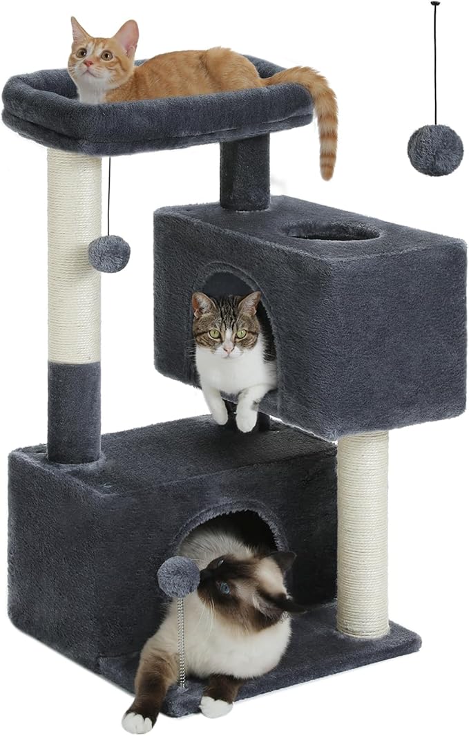 32" Cat Tree Tower for Indoor Cats - 2 Cozy Condos, Multi-Level Cat Scratching Posts with Sisal, Soft Padded Perch, 2 Dangling Toys, Dark Grey