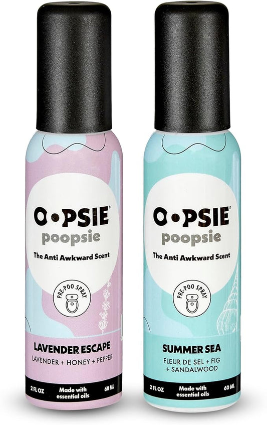 Pre GO toilet spray, discreet & portable original Pre-poo spray to use on the go. Assorted scents Lavender Scape/Summer Sea Toilet Odor Eliminator 2oz bottle Gift Set 2 pack