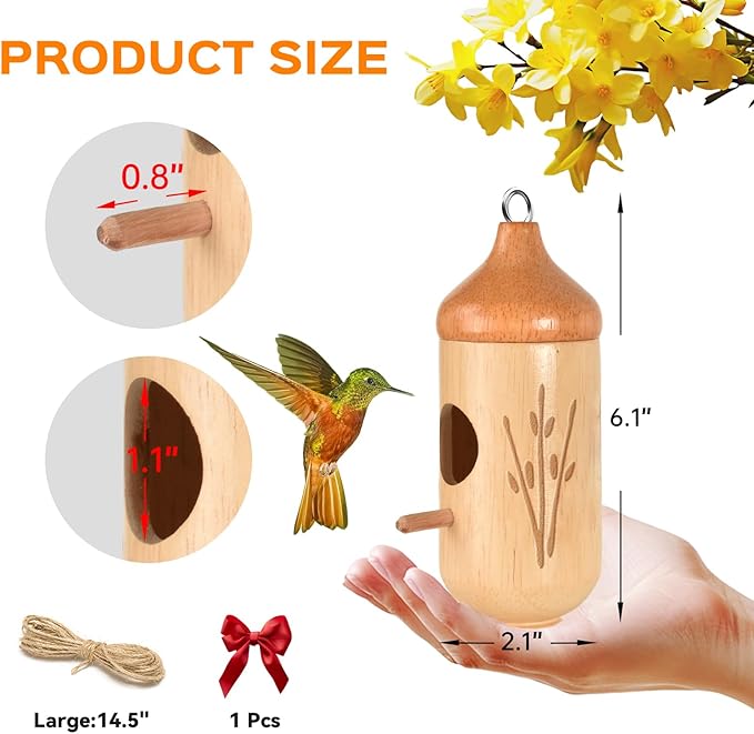 Hummingbird House, Solid Wood Hummingbird Houses for Outside-Exquisitely Handcrafted Birdhouse with Ribbon and String Hanging Kit, Durable Garden Decor, Perfect Gardening Gift(Style-F, 1 Pack)