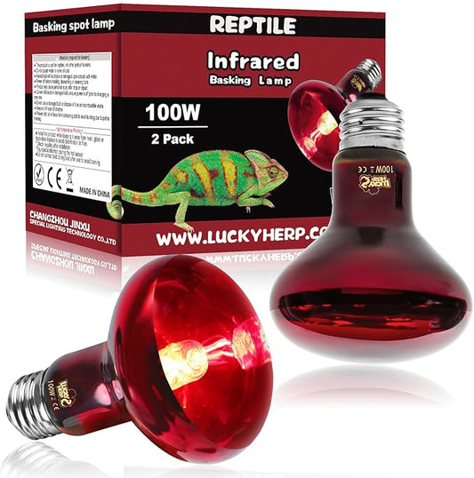 LUCKY HERP Infrared Heat Lamp 100W 2 Pack，Reptile & Amphibian Basking Spot Light Bulbs, Red Heat Lamp Bulbs for Reptiles, Bearded Dragon, Turtle, Lizard, Snake, Chicken