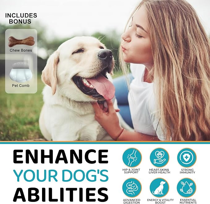 24-in-1 Dog Multivitamin Supplement with Gifted Chew Bone & Pet Comb, 210 Calming Chews, Dog Vitamins with Chondroitin & Probiotics, Hip & Joint, Immune Support, Beef Flavor