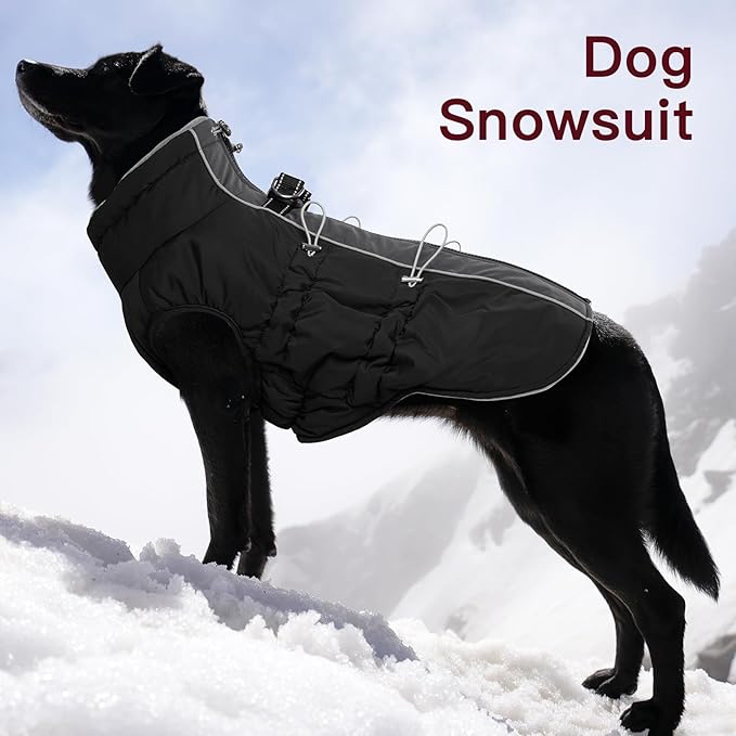 Dog Winter Jacket - Large, Warm Zip Up Snowsuit Dog Harness Vest, Reflective, Water-Resistant, Black