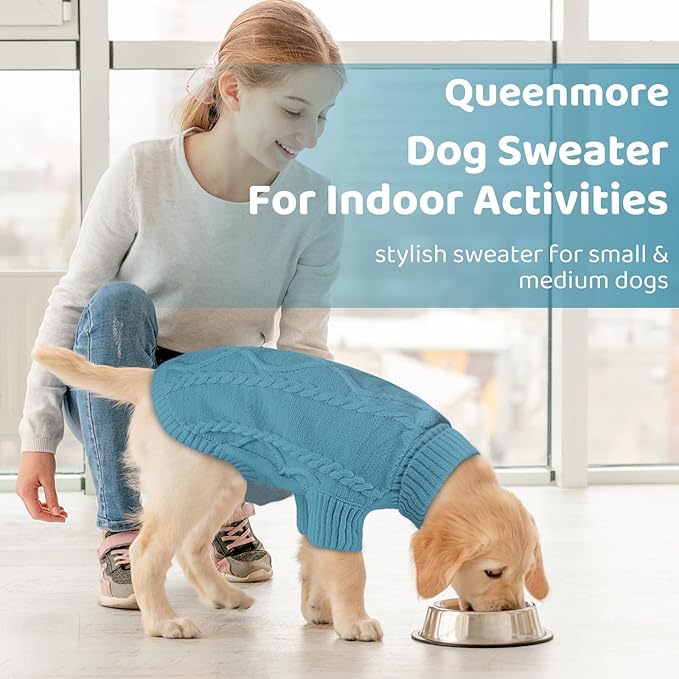 Queenmore Small Dog Pullover Sweater, Cold Weather Cable Knitwear, Classic Turtleneck Thick Warm Clothes for Chihuahua, Bulldog, Dachshund, Pug (Peacock Blue, X-Large)