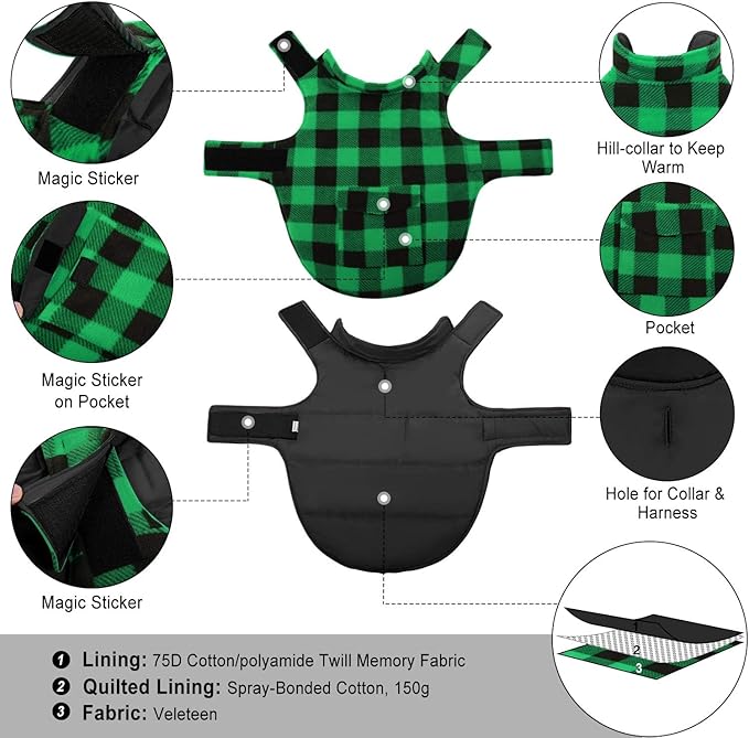 ASENKU Dog Winter Coat, Fleece Doggie Jacket Plaid Reversible Vest Waterproof Windproof Cold Weather Clothes for Small Medium Large Dogs (Green, XL)