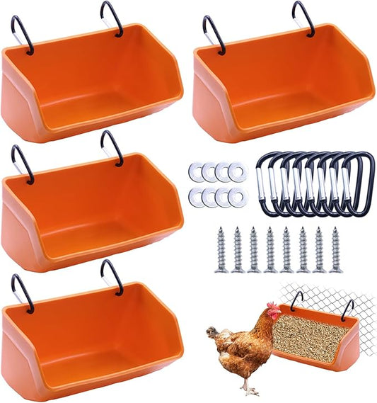 Fence Hanging Chicken Feeder - 4 Pack Feed Trough with Clips for Goat Duck Sheeple Horse Goose, Pig Poultry, Chicken Feeder Bucket Feeding Container for Livestock (Orange)