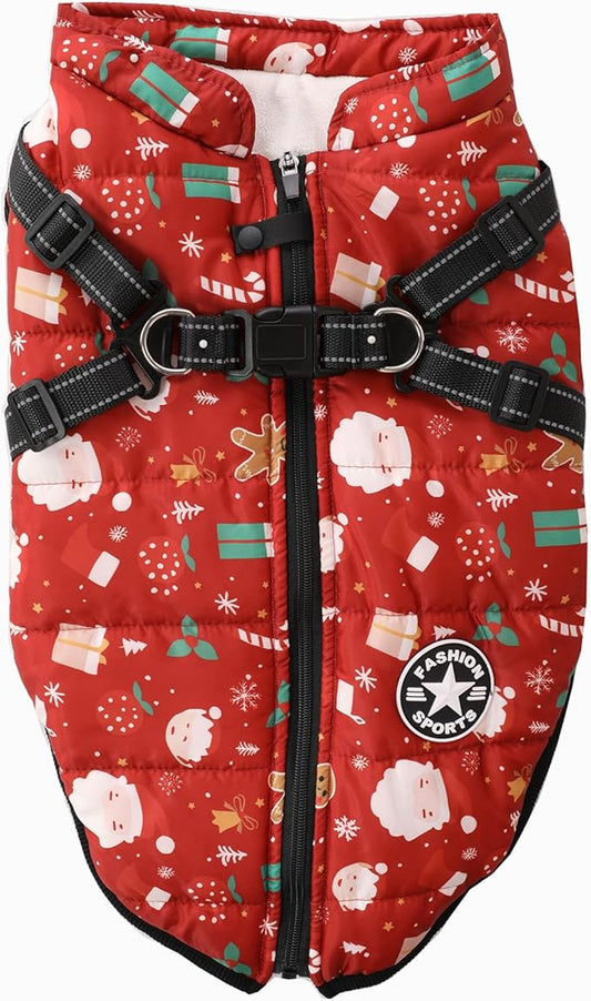 Aiboria Dog Jacket Windproof Fleece Dog Sweater with Padded Vest Chest Strap Harness Dogs Coat Christmas Red 4XL