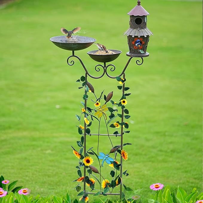 52.4" H Metal Bird Bath with Trellis for Outdoor,Bird Feeder and Metal Bird Houses,Garden Plant Support,4-in-1,Doubles As The Climbing Plant,Garden Yard Decor