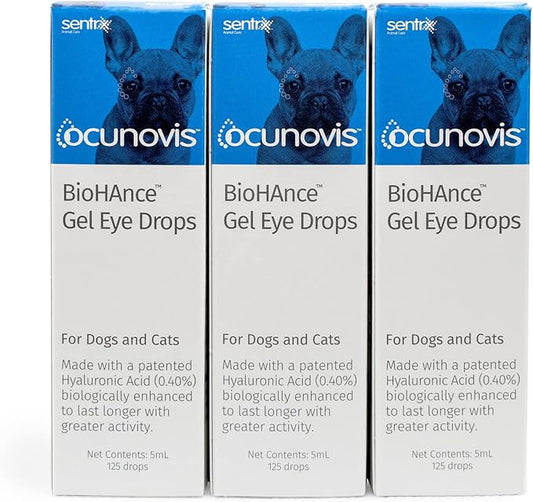 Sentrx - Ocunovis Gel Eye Drops for Dogs and Cats with Dry Eyes, Hydrating Cat and Dog Eye Drops with Hyaluronic Acid, Non-Blurring and Non-Stinging Artificial Tears, 5 ml, 3 Pack