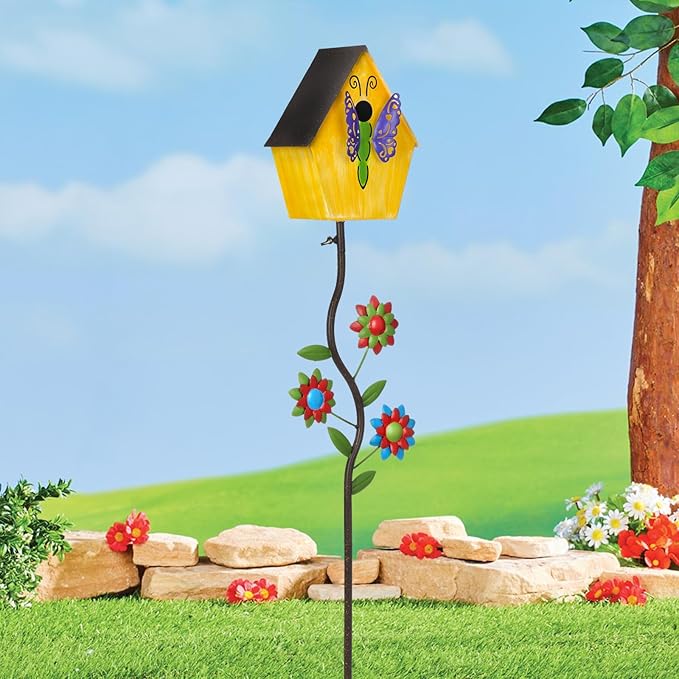 51” Bird Houses Stake for Outside, Metal Wild Bird Feeder Birdhouse Stake Pole with Butterfly Design Outdoor Decorations for Patio, Backyard, Garden