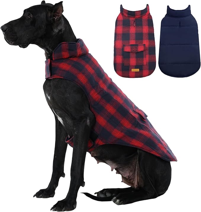 Kuoser Dog Winter Coat, Reversible Dog Jacket, Warm Doggie Coat British Style Puppy Cold Weather Coats, Windproof Pet Clothes for Extra Large Dogs Red XXXL
