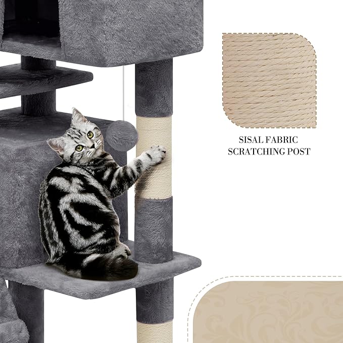Athena Collection Modern Cat Tree Tower, 54 Inch Tall Cat Tree Climbing Tower with Scratching Post 2 Condo Multi-Level Activity Center and Playing Ball for Indoor Large Adult, Grey