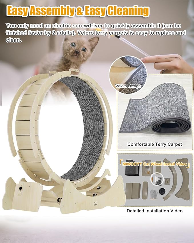 Large Cat Exercise Wheel 56 inch - Natural Solid Wood Kitten Wheel Exerciser for Indoor Cats, Safety Cat Treadmill with Lock & Minimized Gap Design