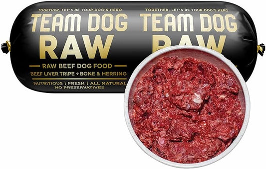 Team Dog Raw Frozen Dog Food | 65% Beef Muscle, Organ Meats, Herring & Green Tripe | All Natural Grain Free Dog Food for Optimal Health, Digestion & Coat | 24 x 1lb Rolls