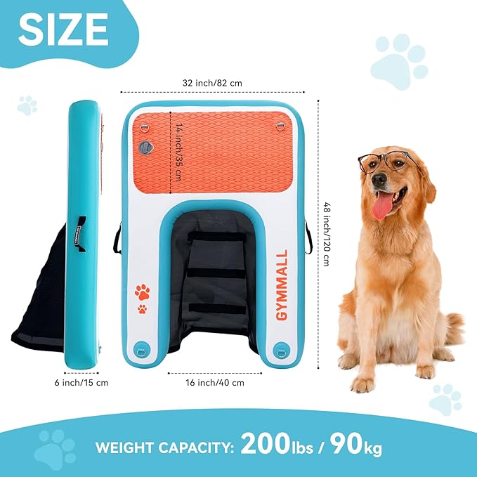 Inflatable Dog Water Ramp Pet Dock Platform Blue, Pet Water Platform for Boat Pool Lake Sea, Non-Slip Safety Floating Dock for Dogs up to 200lbs, EVA Puppy Float Ramp Dog Water Ladder