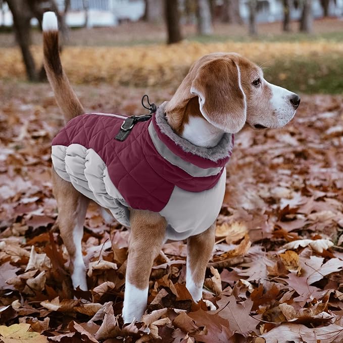 Lelepet Dog Coat Warm Dog Winter Coat Waterproof Dogs Jacket with Harness Built in Reflective Pet Fleece Vest Zip-Up Cold Weather Coats for Medium Dogs Turtleneck Windproof Coats Dachshund Wine Red M