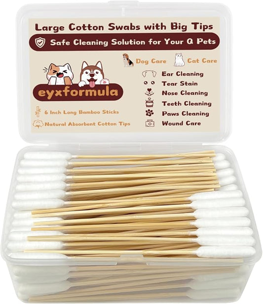 eyxformula 6 Inch Long Cotton Swabs for Pet Cleaning, Bamboo Handle, Pet Ear Cleaning Solution Supplies for Dogs and Cats (200 pcs Long Head Cotton swabs)