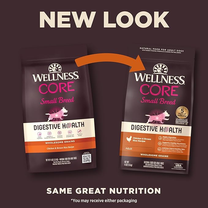 Wellness CORE Digestive Health Dry Dog Food, Small Breed, Wholesome Grains, Natural, Recipe for Dogs with Sensitive Stomachs, Chicken, (4-Pound Bag)