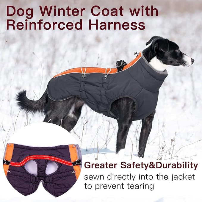 Dog Coat Winter Warm Dog Jackets for Large Dogs Reflective Snowsuit with Harness Fleece Dogs Snow Jacket Waterproof Pet Clothes for Cold Weather