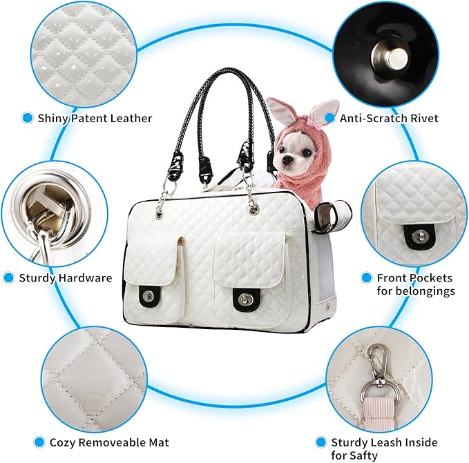 Soft-Sided Pet Travel Carrier Airline Approved for Pet Small Dog and Cat Collapsible, White Shiny Patent Leather