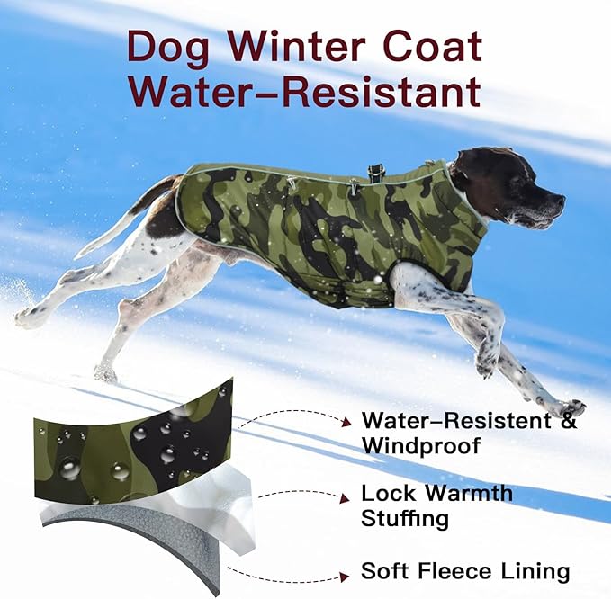 Dog Coat Dog Winter Jacket-Large, Warm Zip Up Snowsuit Dog Harness Vest Reflective Water-Resistant Dog Coat Dog Snow Jacket for Large Dogs French Bulldog, Pug, Camouflage