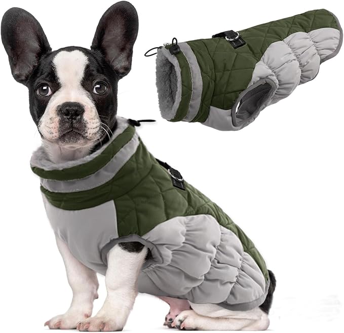 Lelepet Dog Coat Warm Dog Winter Coat Waterproof Dogs Jacket with Harness Built in Reflective Pet Fleece Vest Zip-Up Cold Weather Coats for Medium Dogs Turtleneck & Windproof Dachshund Army Green M