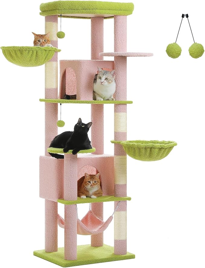 Tall Pink Cat Tree for Indoor Cats Large Adult, 71.2" Multi-Level Cat Tower with 2 Spacious Condos, 3 Hammocks, Super Large Top Perch, 2 Pompoms