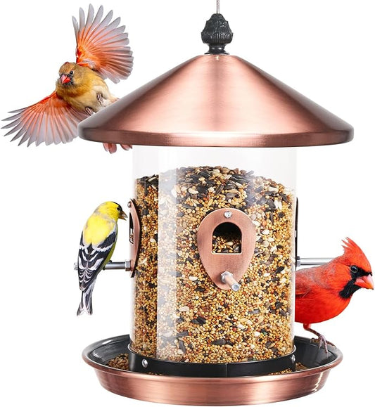 Kingsyard Metal Bird Feeders for Outdoors Hanging with 8 Ports, 3 lbs Large Tube Bird Feeder with Seed Tray for Cardinal Finch, Easy to Fill and Clean, Copper