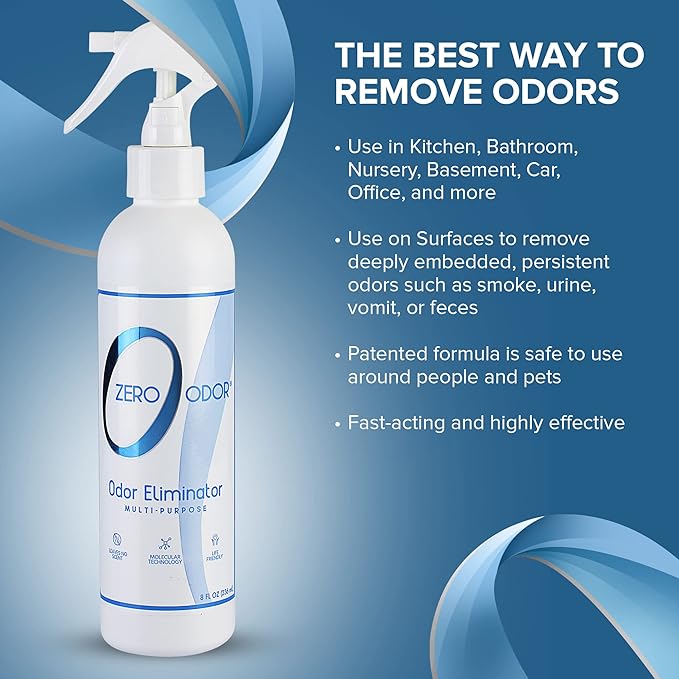 Zero Odor Multi-Purpose Odor Eliminator - Eliminate Air & Surface Odor – Patented Technology Best for Bathroom, Kitchen, Fabric, Closet- Smell Great Again, 8oz (Over 1000 Sprays)