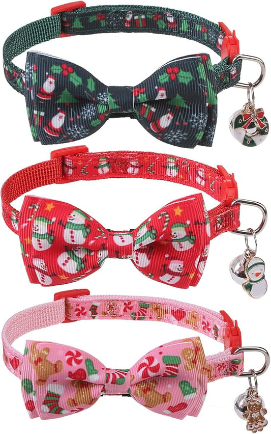 SCENEREAL Christmas Cat Collar Breakaway with Bell and Bowtie, 3 Pack Adjustable Cute Kitten Collars with Snowman, Gingerbread Man, Xmas Tree Pattern,Pet Collars for Girl Boy