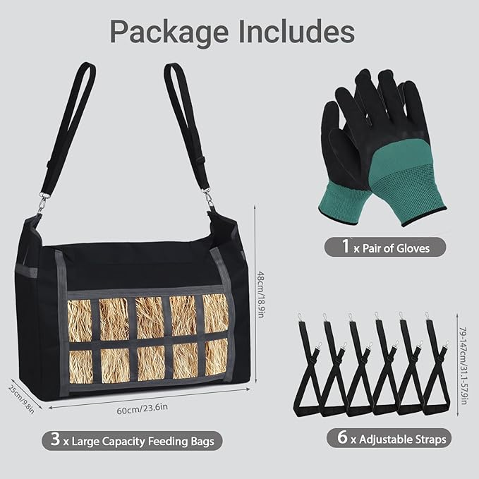 Hay Bags for Horses, 3 Pack Durable Large Capacity Horse Hay Feed Bags with Free Gloves, Slow Feed Hay Feeder for Goats/Sheep/Donkeys, Easy to Hang & Fill with Front Hay Nets Design