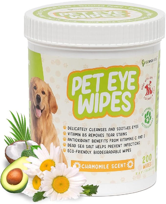 Pet Eye Wipes for Dogs & Cats | Gently Removes Tear Stains, Eye Debris, Discharge, Mucus Secretions | Chamomile Oil Pet Cleaning & Deodorizing Wipes for Eyes & Stains (200 Count)