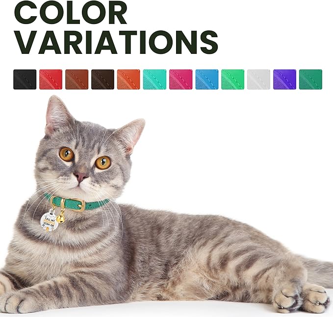 BRONZEDOG Leather Cat Collar with Removable Bells Non Breakaway Kitten QR Tag for Girl Boy (7" - 9" for Cats, Red & Gold)