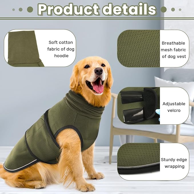 Anxiety Calming Hoodie for Dogs - Breathable Jacket Vest Coat for Thunderstorms, Fireworks, Vet Visits, Separation - Adjustable With Noise Block & Ear Protection Recovery - 2XL, Green