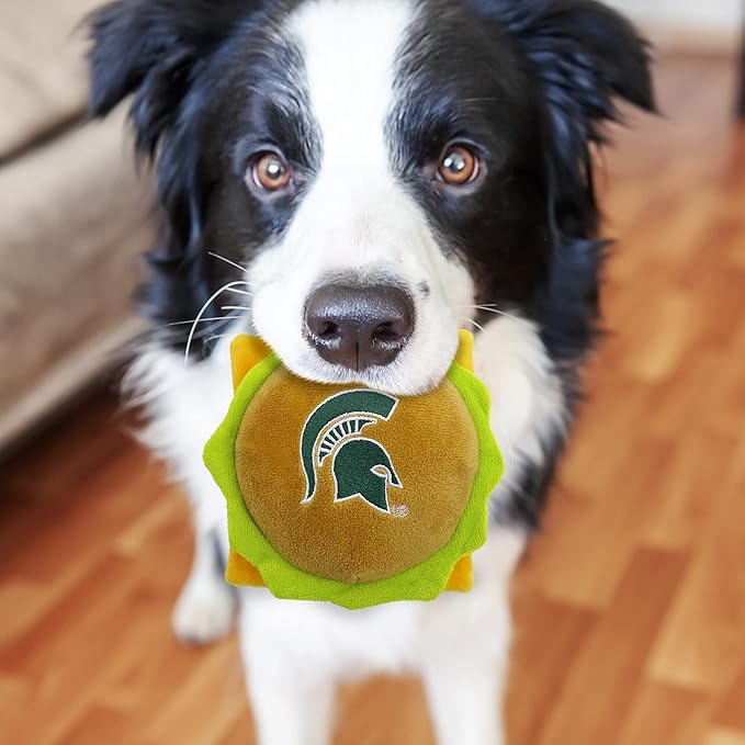 NCAA Michigan State Spartans Cheeseburger Plush Dog & CAT Squeak Toy- Cutest Stadium Hamburger Snack Plush Toy for Dogs & Cats with Inner Squeaker & Beautiful Football/Basketball Team Name/Logo