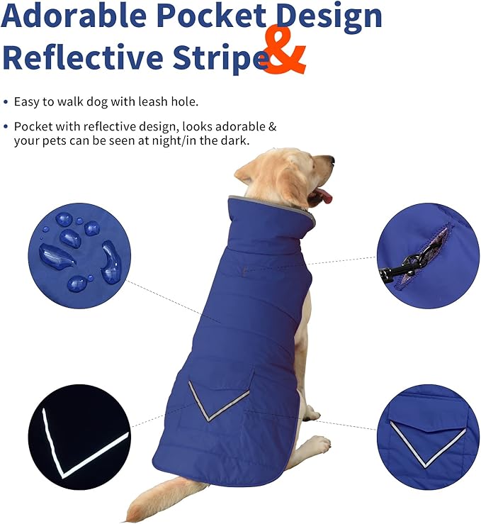 Dog Coat, Waterproof Dog Winter Jacket with Pocket, Reflective Adjustable Pet Snow Vest, Warm Cozy Fleece Sweater for Small Medium Extra Large Dogs - Blue, L
