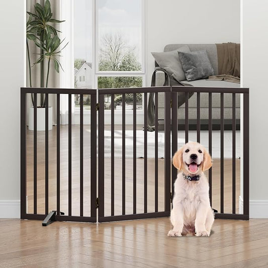 Dog Gates for Doorways, Tall Dog Gate Indoor, Foldable Pet Gates for Doorways Bedroom, Freestanding Puppy Gate with Metal Support Feet, Room Divider,3 Panels (Browm)