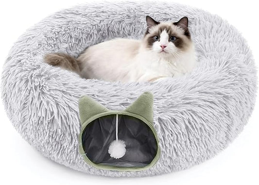 Cat Tunnel Bed for Indoor Cats, Soft Plush Donut Peekaboo Cat Cave, Multifunctional Playground Toy for Small Medium Large Cats, Kittens, Rabbits, Ferrets, with Washable Cushion(Grey)