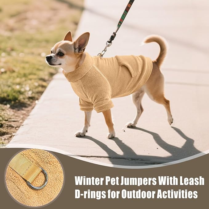 Idepet Fleece Dog Sweater 2 Pack, Winter Pet Clothes Turtleneck Sweatshirt with Leash Ring, Stretchy Small Dog & Cat Coat with Pocket (Khaki+Brown, Small)