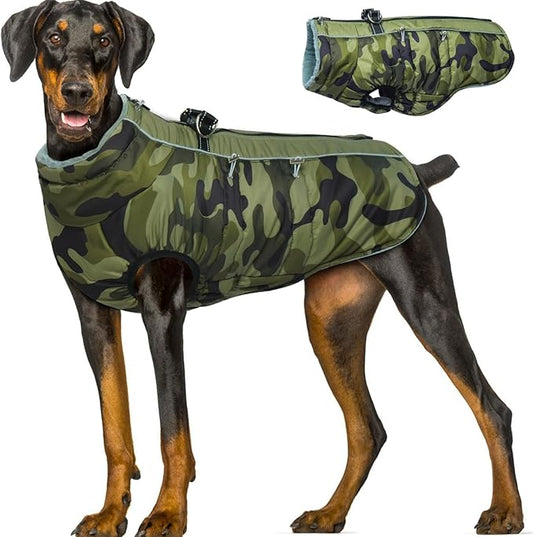 Dog Winter Jacket - 3X Large, Warm Zip Up Snowsuit Dog Harness Vest, Reflective, Water-Resistant, Camouflage