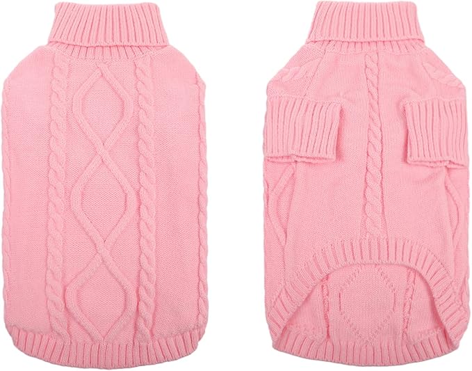Queenmore Small Dog Pullover Sweater, Cold Weather Cable Knitwear, Classic Turtleneck Thick Warm Clothes for Chihuahua, Bulldog, Dachshund, Pug, Yorkie (Pink, Medium)