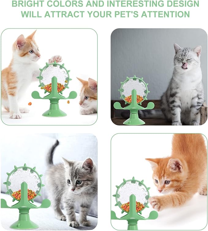 iplusmile Cat Food Leakage Toy, Interactive Windmill Game Cat Puzzle Food Treat Dispensing Toy with Suction Cup for Kitten Puppy Slow Feeder Snacks, Green