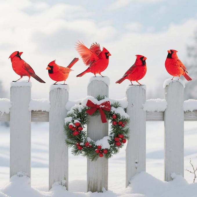 HUYIENO 5PCS Vivid Metal Birds Fence Decor Color Painted Outdoor Garden Natural Bird 2D Sculptures for Outdoor Fences, Patio, Garden and Bird Lovers (Cardinal)