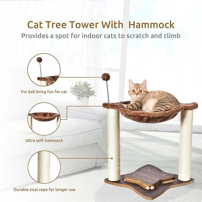Simple Deluxe Small Cat Tree Tower with Scratching Post, 4-in -1Cat Tree with Hammock,Dangling Ball,Natural Sisal Cat Scratcher,Wooden Interactive Track Ball Base for Indoor Kittens,18inches