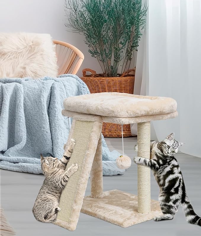SYANDLVY Small Cat Tree with Scratching Post, Cat Scratching Board with Perch, Cat Post Scratcher for Indoor Cats, 2 Dangling Balls Great for Kittens (Beige)